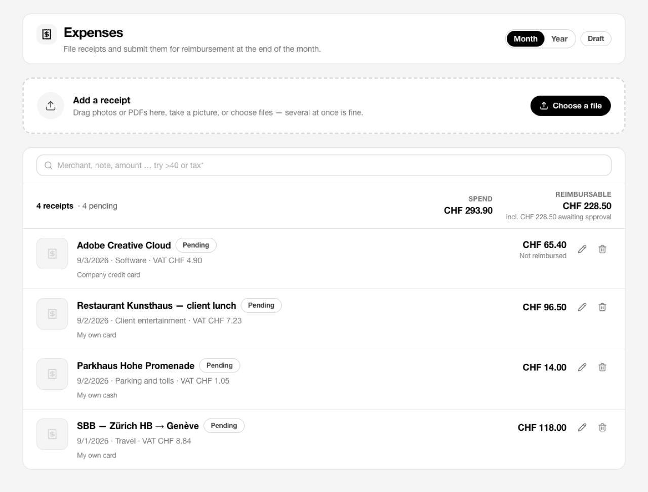 The LogSheet expenses screen: receipts for the month with spend and reimbursable totals